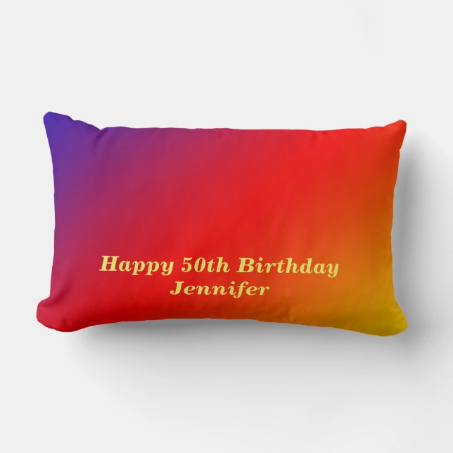 50th Birthday Vivid Rainbow, Name, Red Orange Lumbar Cushion (Front)