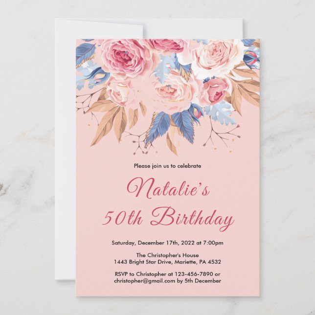 50th Birthday Watercolor Botanical Pink Floral Invitation (Front)