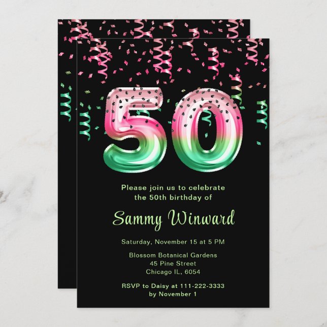 50th Birthday Watermelon Balloons with Confetti Invitation (Front/Back)