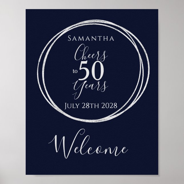 50th Birthday Welcome Cheers 50 Years Party Navy Poster (Front)