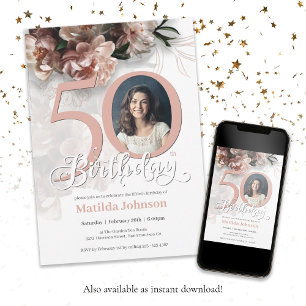 50th Birthday White Floral Soft Pink Elegant Photo Invitation