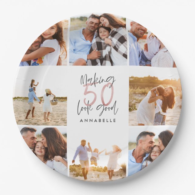 50th birthday white girly glitter photo collage  paper plate (Front)