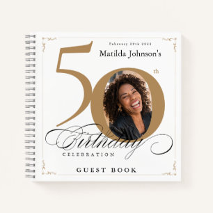 50th Birthday White Gold Calligraphy Guestbook Not Notebook