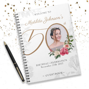 50th Birthday White Gold Photo Floral Guestbook  Notebook