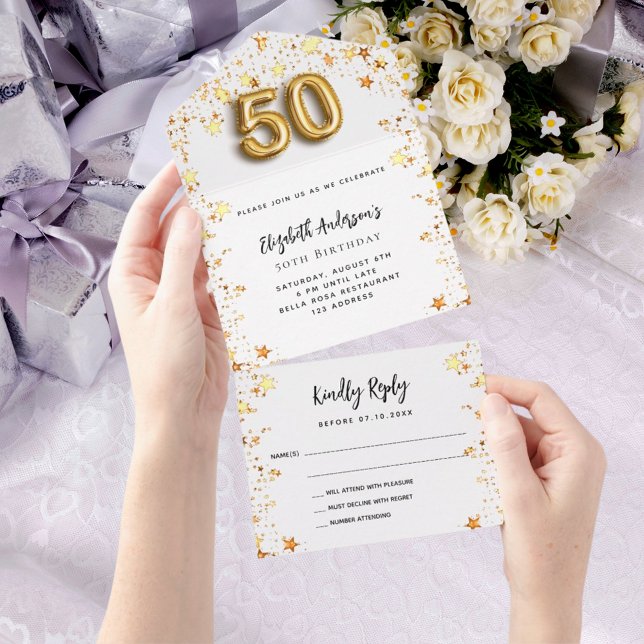 50th birthday white gold stars party RSVP All In One Invitation (Creator Uploaded)