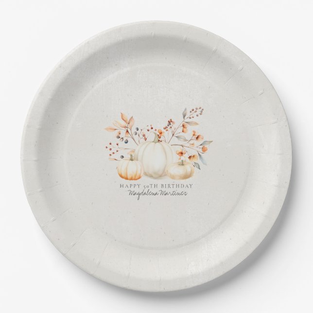 50th Birthday White Pumpkin Fall Leaves Custom Paper Plate (Front)