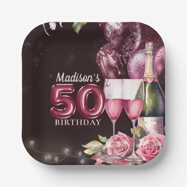 50th Birthday Wine & Balloons Personalised Paper Plate (Front)