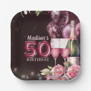 50th Birthday Wine & Balloons Personalized Paper Plate