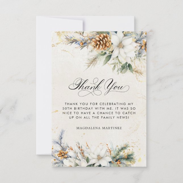 50th Birthday Winter White Floral Greenery Thank You Card (Front)