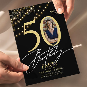 50th Birthday with Photo   Elegant Black & Gold Invitation
