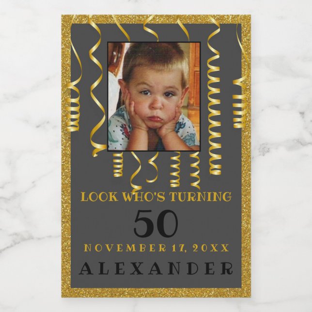 50th Birthday With Photo Gold Glitter Look Food Label (Single Label)