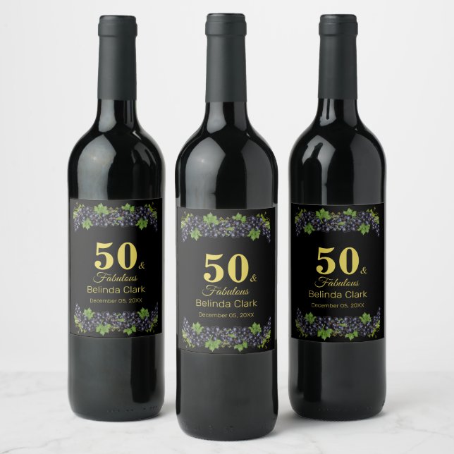 50th Birthday with Purple Grapes on Black Wine Label (Bottles)