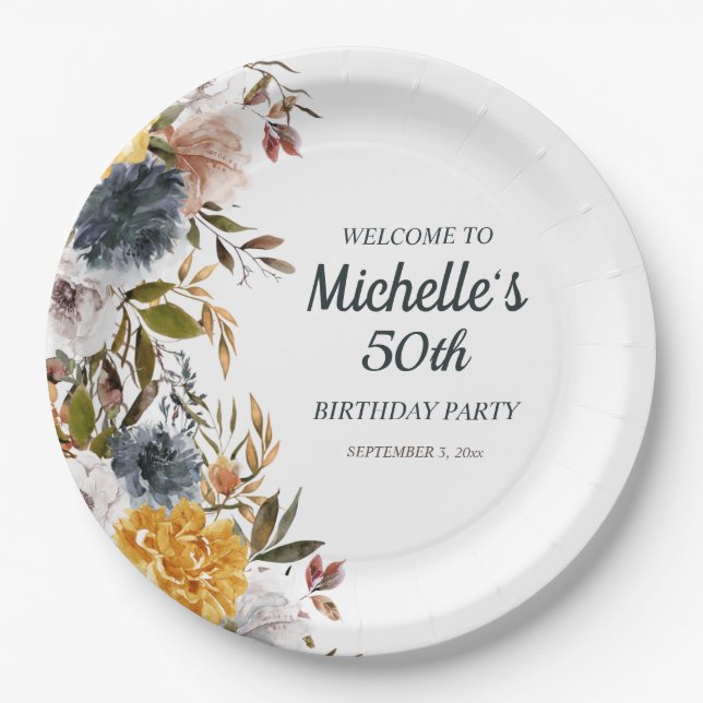 50th Birthday Yellow Navy Blue Floral Welcome   Paper Plate (Front)