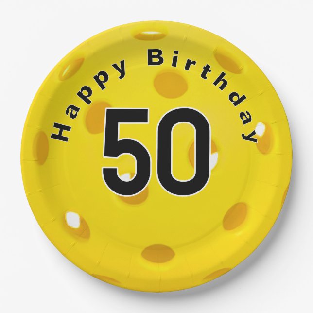 50th Birthday Yellow Pickleball Paper Plate (Front)