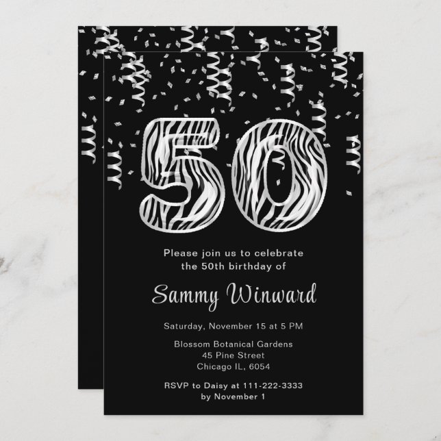 50th Birthday Zebra Print Balloons with Confetti Invitation (Front/Back)
