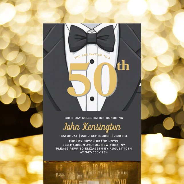 50th Black and Gold Tuxedo Birthday Event Invitation (Creator Uploaded)
