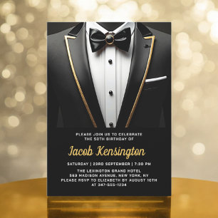 50th Black and Gold Tuxedo Birthday Event Invitation