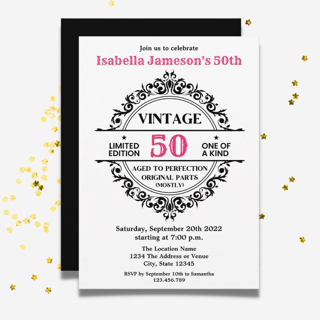 50th Black and Pink Vintage Birthday  Invitation (Creator Uploaded)