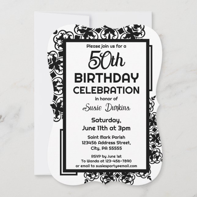 50th Black and White Birthday Party Invitation (Front)
