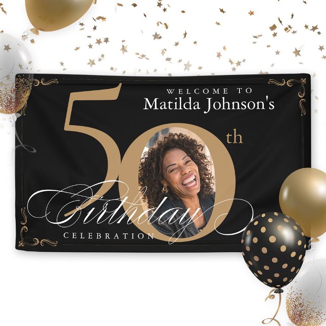 50th Black Gold Elegant Calligraphy Photo Birthday Banner (50th Black Gold Elegant Calligraphy Photo Birthday Banner)