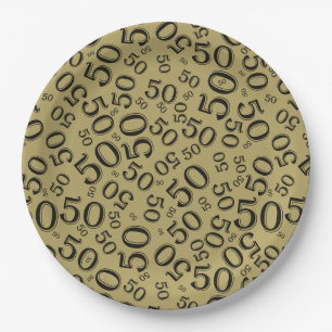 50th Black/Gold Random Number Pattern Paper Plate