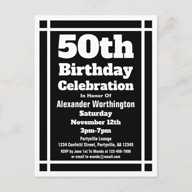50th Black Simple Birthday Invitation Postcard (Front)