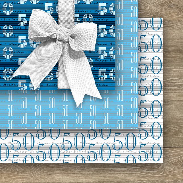50th Blue Black White Typography Numbers Wrapping Paper Sheet (Creator Uploaded)