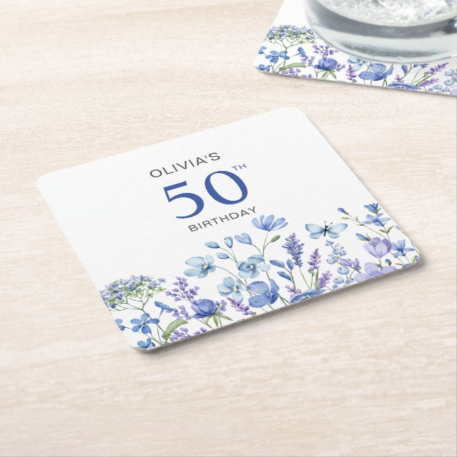 50th Blue Floral Birthday  Square Paper Coaster (Angled)