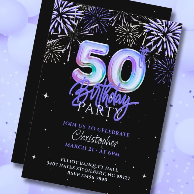 50th Blue Purple Fireworks Foil Balloon Birthday Invitation (Creator Uploaded)