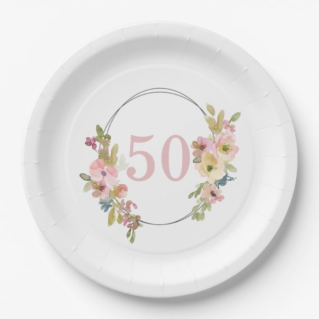 50th Boho Floral Watercolor Geometric Paper Plate (Front)