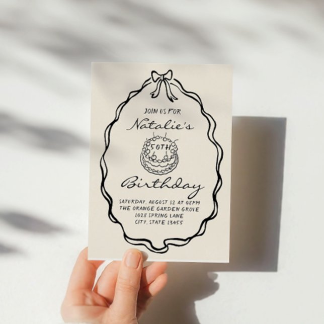 50th Bow Hand Drawn Coquette Fifty Birthday Invitation (Creator Uploaded)