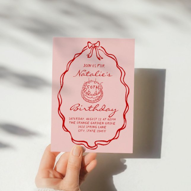 50th Bow Hand Drawn Coquette Fifty Birthday Invitation (Creator Uploaded)