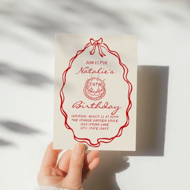 50th Bow Hand Drawn Coquette Fifty Birthday Invitation (Creator Uploaded)