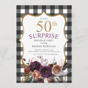 50th Buffalo Plaid Purple Floral Glitter Birthday Invitation