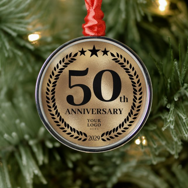 50th Business Anniversary Gold Christmas Metal Ornament (Tree)
