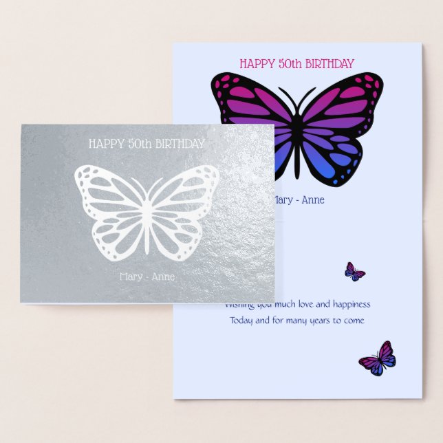 50th butterfly birthday add name foil card (Display)