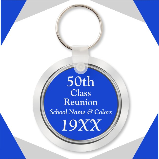 50th Class Reunion Gift Ideas, Your Text, Colours Key Ring (50 year class reunion souvenirs. Blue, White and Silver, 50th class reunion keychains. 50th reunion.)