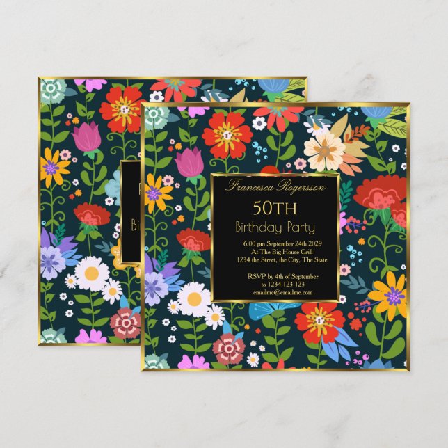 50th Colourful Floral Garden Birthday Party Invitation (Front/Back)