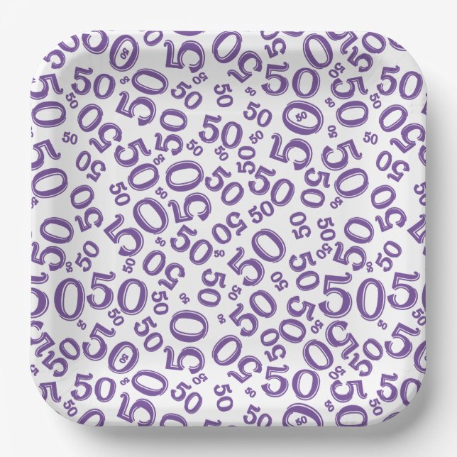50th Coral/White  Random Number Pattern Paper Plate (Front)