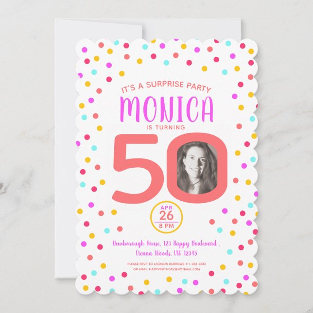 50th custom photo colourful coral confetti birthda invitation (Front)