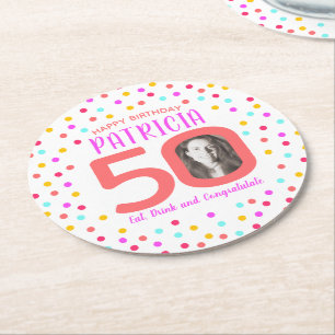 50th custom photo colourful coral confetti birthda round paper coaster