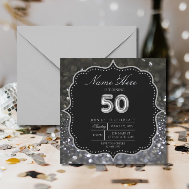 50th Elegant Silver Black Birthday Invitation (Creator Uploaded)