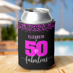 50th fabulous birthday hot pink dots black glam can cooler