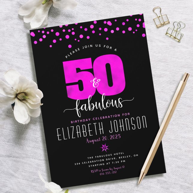 50th fabulous birthday hot pink foil dots on black invitation (Creator Uploaded)