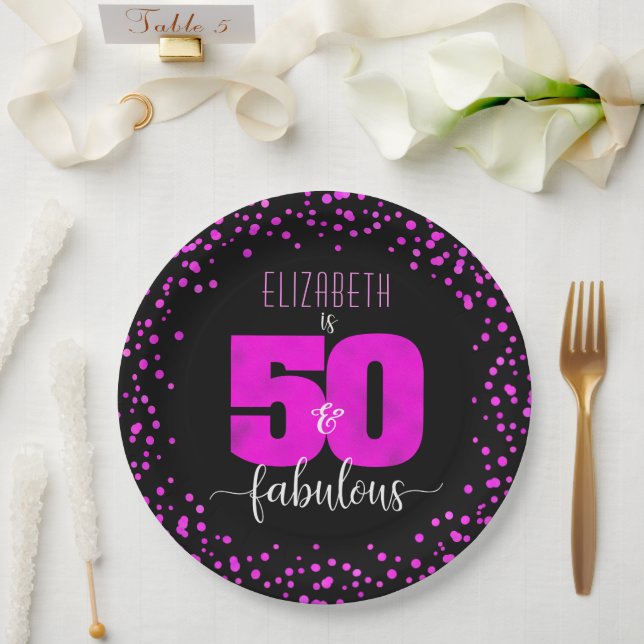 50th fabulous birthday hot pink foil dots on black paper plate (Wedding)
