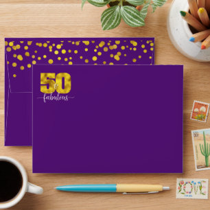 50th fabulous birthday purple gold foil dots glam envelope