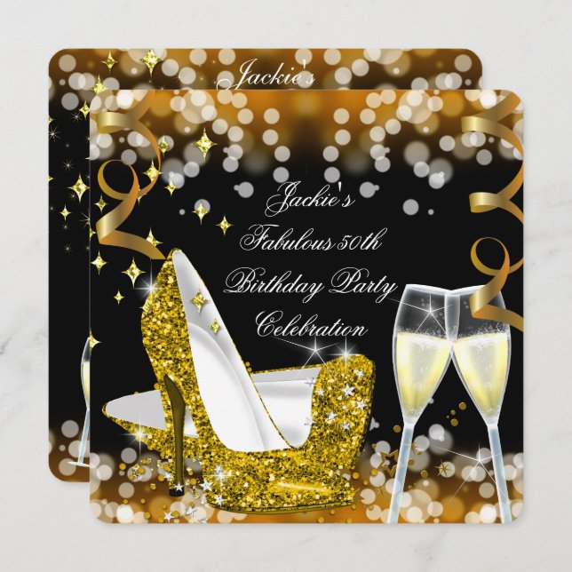 50th Fabulous Gold Glitter High Heels Birthday Invitation (Front/Back)