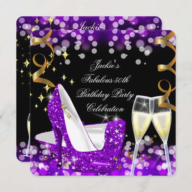 50th Fabulous Purple Glitter High Heel Birthday Invitation (Front/Back)