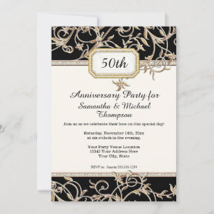 50th Fiftieth Art Nouveau Black n Gold Anniversary Invitation