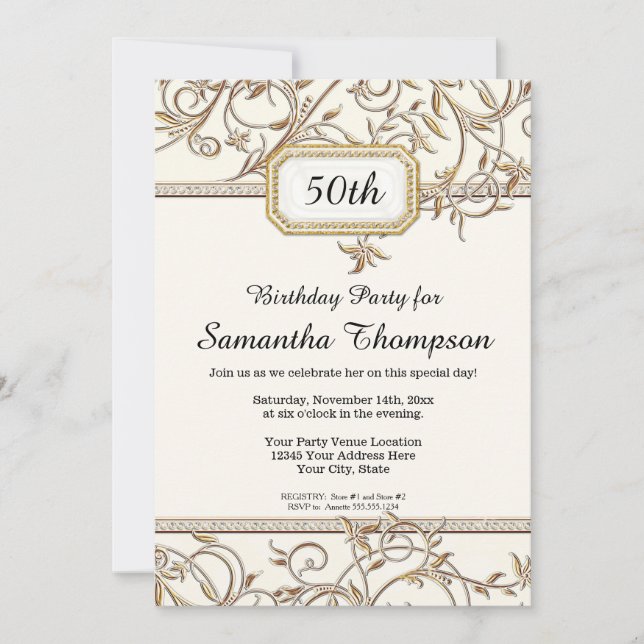 50th Fiftieth Art Nouveau Gold Lavender Birthday Invitation (Front)